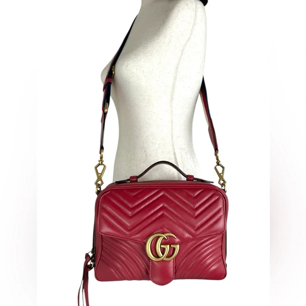 Gucci Red Quilted GG Marmont Crossbody Bag,  Leather And Guitar Straps